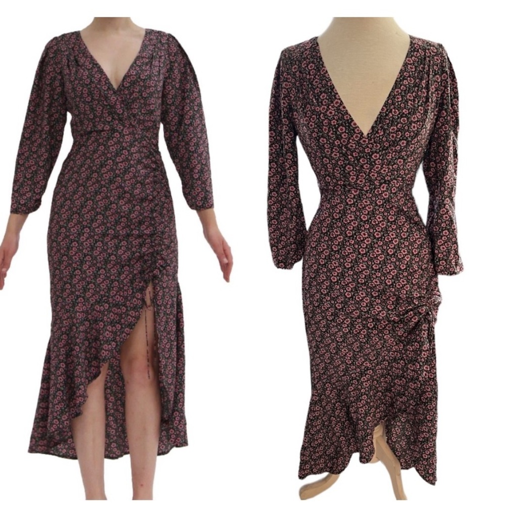 Lush Women's Side Tie Wrap Floral Midi Dress In Black and Pink